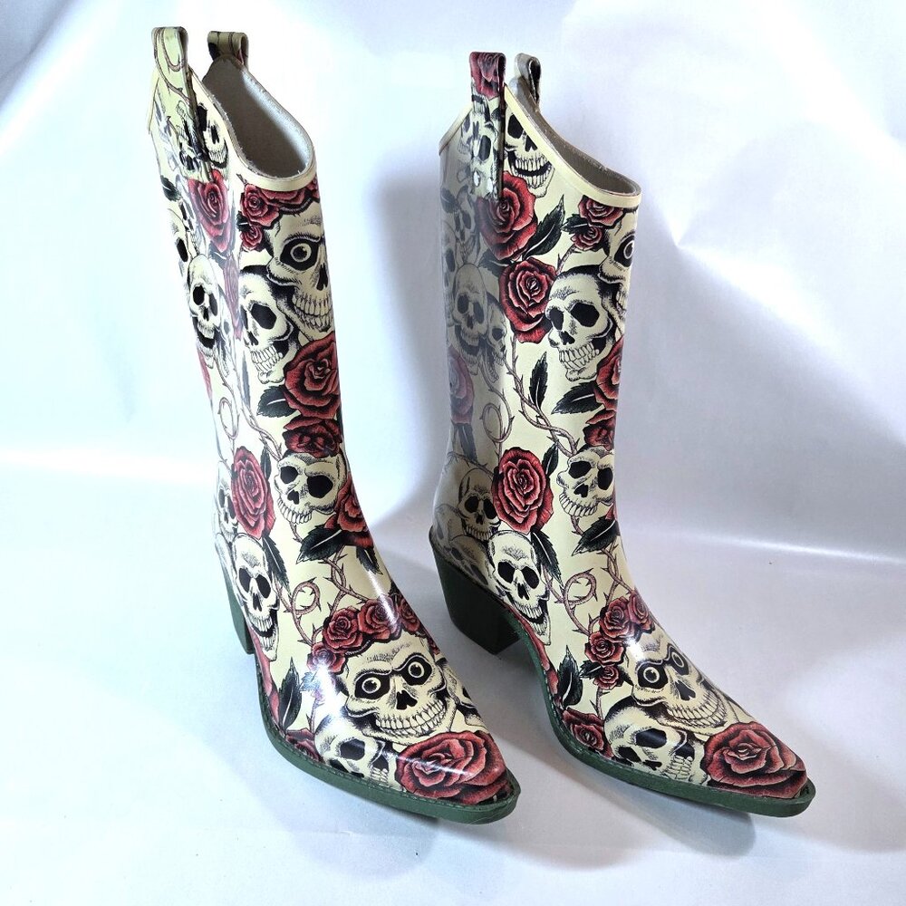 Nomad Yippy Skull & Roses Rubber Cowboy Rain Boots Size 8